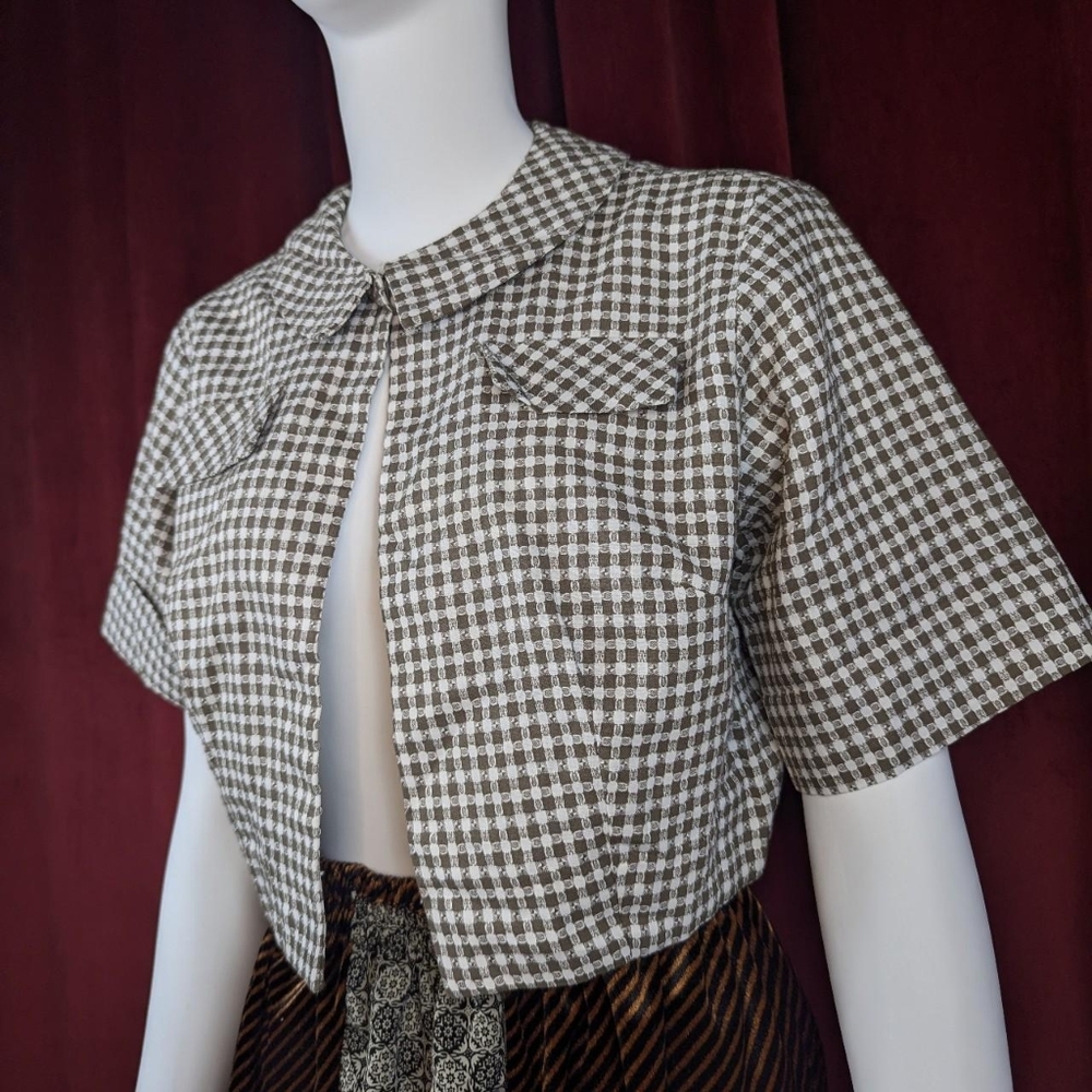 True Vintage 50's Jane Hunter Brown & White Gingham Short Sleeve Bolero - Picture 4 of 7